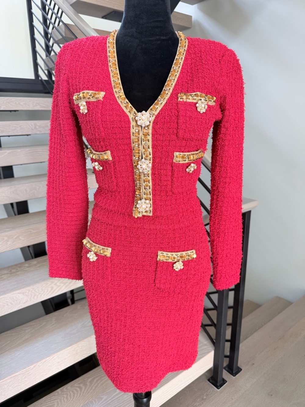 New Self portrait Red Tweed Two-Piece Skirt Set with Gold Trim size S - Picture 12 of 15